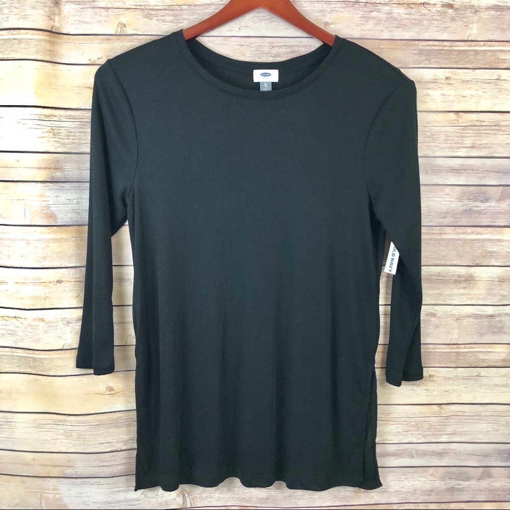 NWT Black Ribbed Knit L/S Side Slit Long Top XL